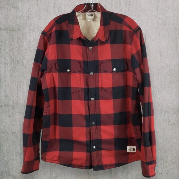 The North Face Sherpa Lined Shirt Jacket Men’s M Red Black Flannel Snap Front - Picture 1 of 10